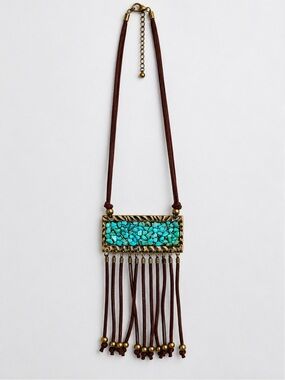 Boho Turquoise Stone & Brown Suede Fringe Statement Necklace